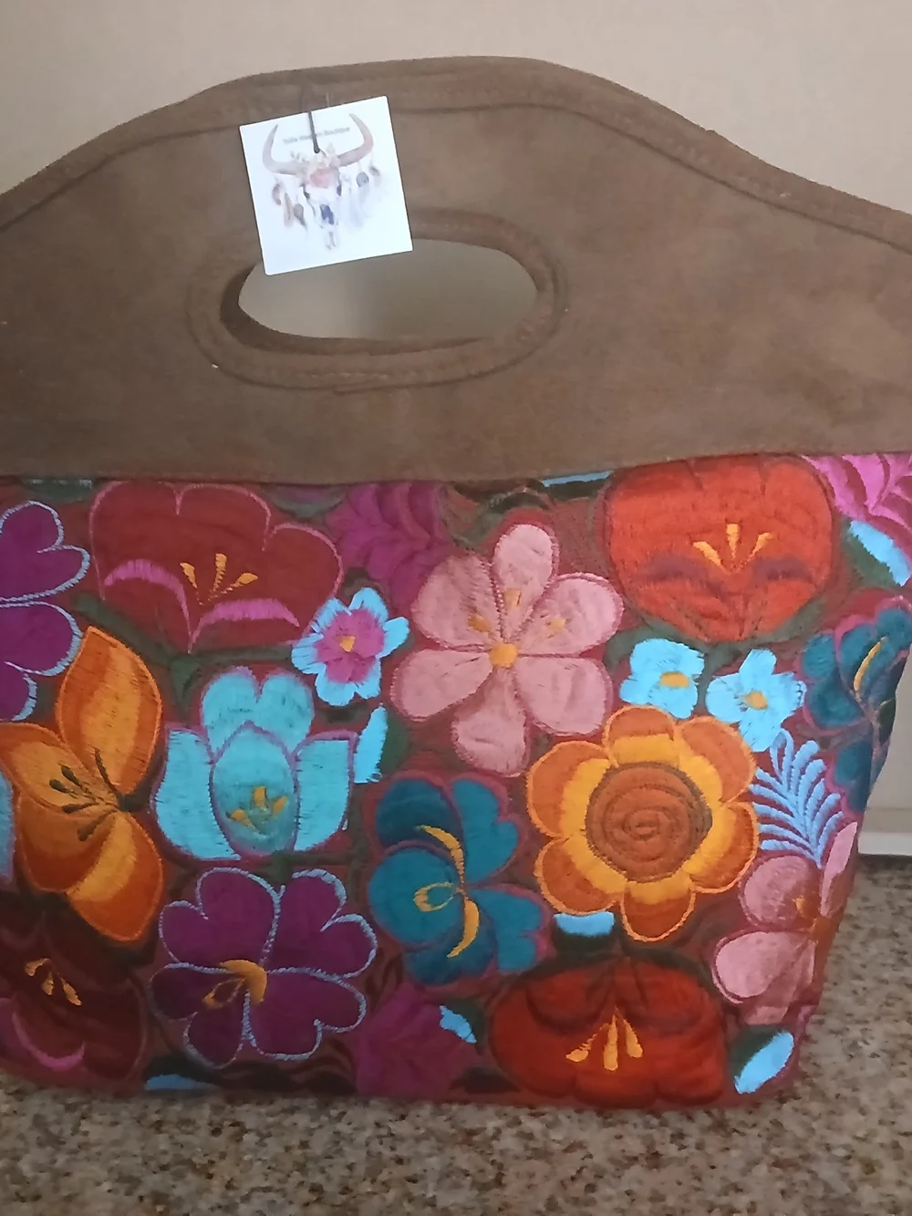 Floral Embroidered Tote Bag - Brown & Multicolor